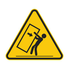 Isolated yellow triangular sign danger of tipping over. Pictogram safety handling to prevent accidents.