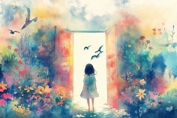 anime girl standing on the staircase digital art, painting, 3d illustration painting, anime, art, Graphics, backgrounds, anime characters, anime wallpapers, cartoon,