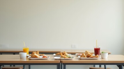 cafeteria table with lunch trays and drinks neatly arranged