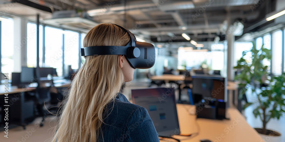 Aufkleber woman wearing virtual reality headset explores modern tech driven workspace with open desks, compute