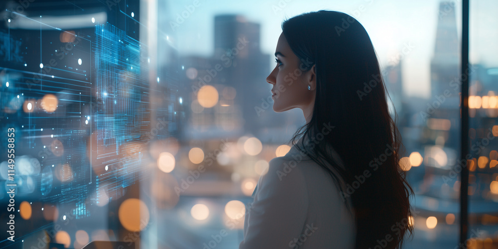 Poster woman in modern office gazes at virtual interface with glowing data visuals, symbolizing innovation and technology in futuristic urban setting