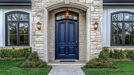 Navy blue door with a sleek stone exterior, complemented by a manicured garden.