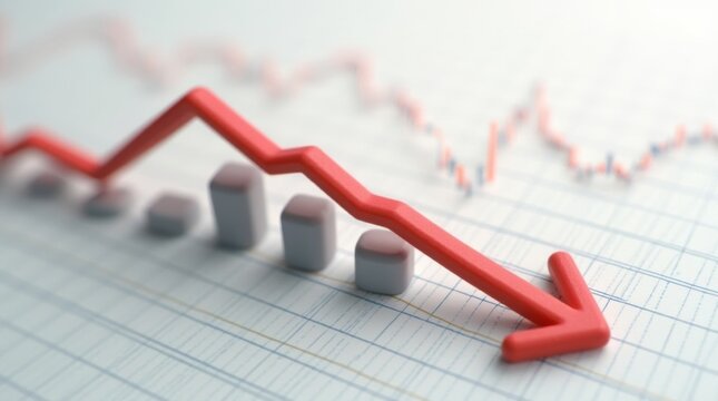  A large red arrow points downwards over a gridded financial chart showing a sharp decline in value, with the bars of the chart going from high to low.