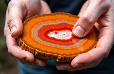 A large oval cut of agate with a bright orange natural color in the hands of an experienced stone cutter close-up, a crystal geode in the center of the stone, the texture of the cut with smooth lines