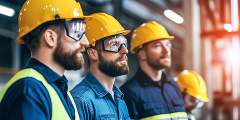Fototapeta premium group of construction workers wearing safety helmets and protective glasses stands attentively in industrial setting, showcasing teamwork and focus