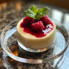 A classic and creamy vanilla panna cotta with a raspberry coulis and fresh berries on top, served...