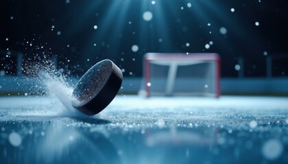 A black hockey puck crashes into the glistening ice rink surface, splashing frozen drops, heading towards the goal in a dimly lit indoor arena, highlighting the excitement of the game. Copy space