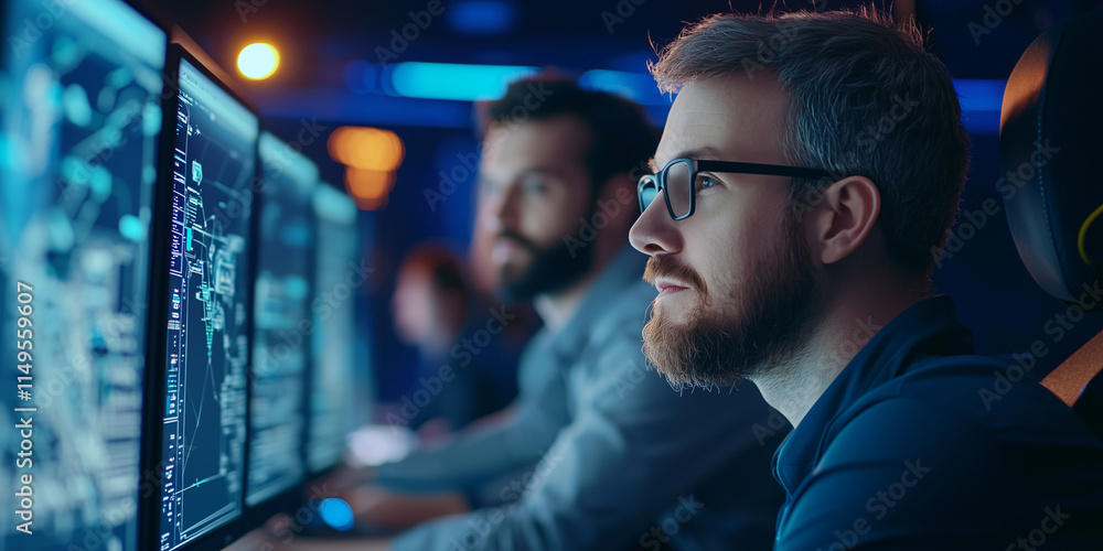 Leinwandbilder focused team of professionals working in high tech control room, analyzing data on multiple computer