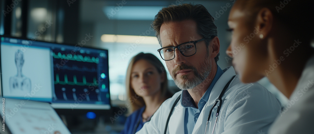 Poster doctors consulting with ai medical assistant in modern hospital setting, analyzing patient data on s