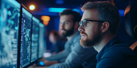 focused team of professionals working in high tech control room, analyzing data on multiple computer screens in dimly lit environment