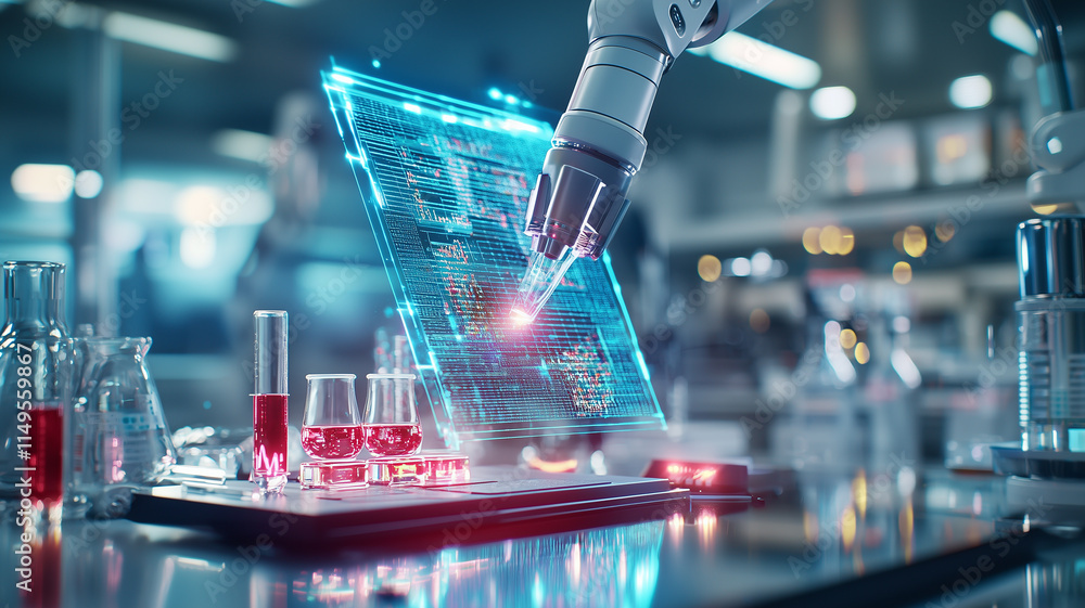 Poster robotic arm interacts with glowing holographic interface in futuristic laboratory, surrounded by sci