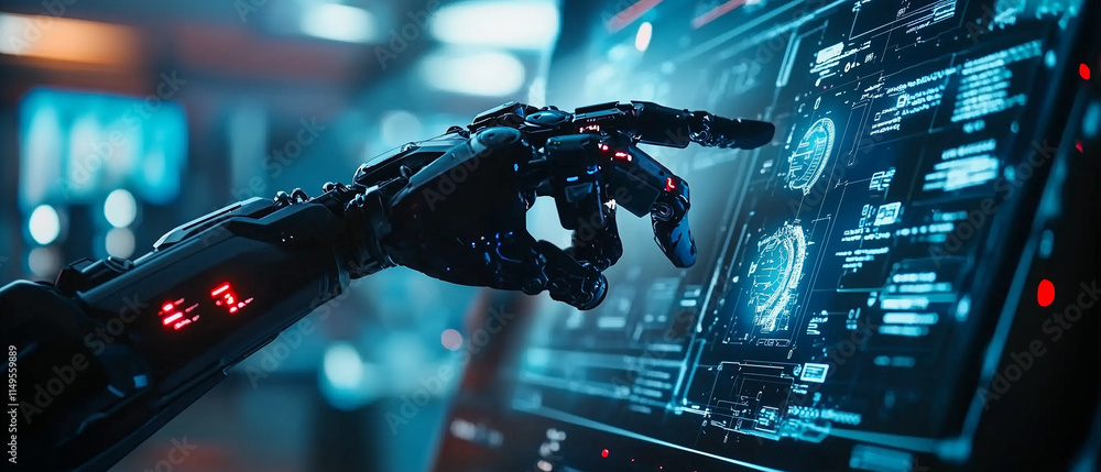 Poster robotic arm interacts with futuristic digital interface, displaying holographic data and advanced technology in high tech environment