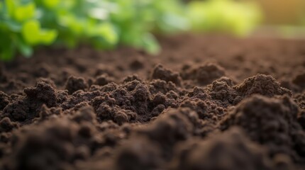 Close-up of gardening tools, small plants, and seeds arranged on soil, with a freshly tilled garden bed in the background, ready for spring planting.