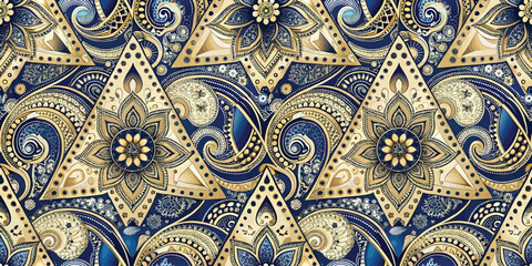 Intricate gold and blue patterned design featuring floral elements and swirling motifs.