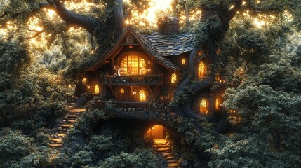 Enchanted tree house, glowing windows, forest path.
