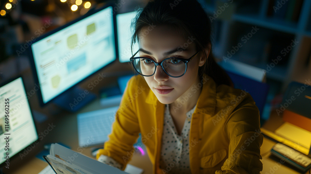 Aufkleber focused woman wearing glasses works late at night on ai algorithms, surrounded by glowing computer s