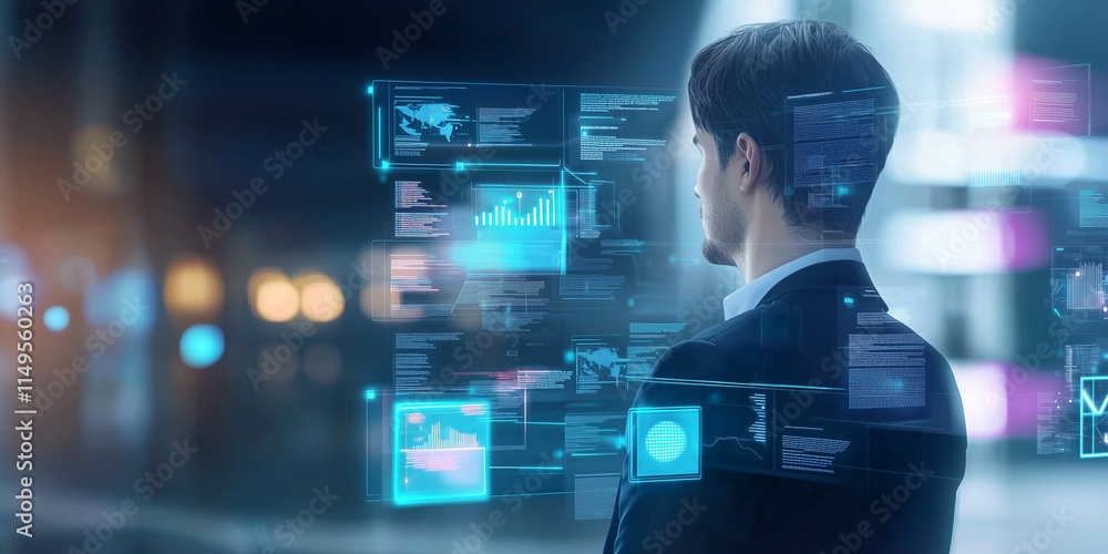 Aufkleber businessman analyzing futuristic digital interfaces with glowing data visualizations in modern, high tech environment, symbolizing innovation and technology driven decision making