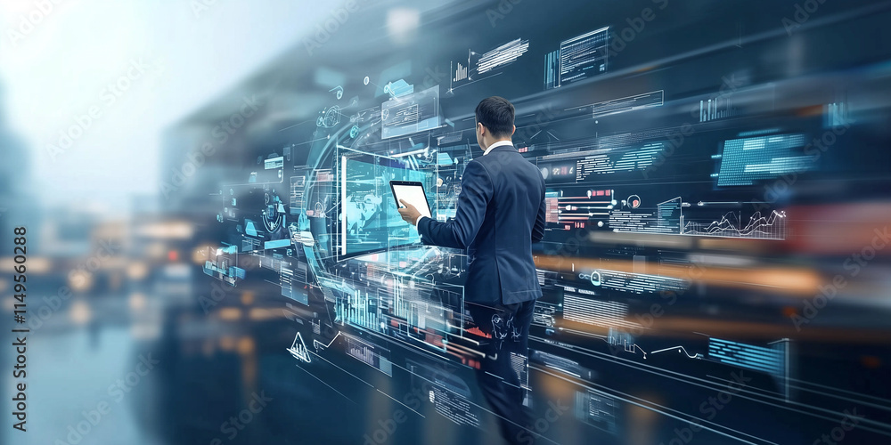 Poster businessman using tablet stands in futuristic digital environment with holographic data displays, re