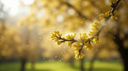 Close-up of pollen and dust floating in the air with blurred blooming trees in the background, representing environmental allergies on a bright day.