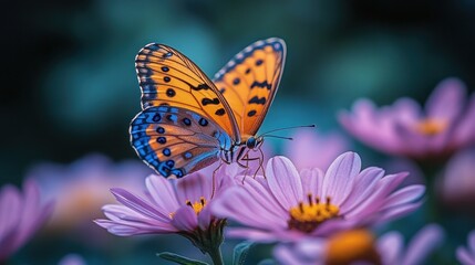 Obraz premium Orange and blue butterfly perched on a pink flower.