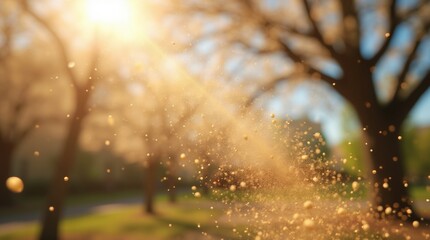 Close-up of pollen and dust floating in the air with blurred blooming trees in the background, representing environmental allergies on a bright day.