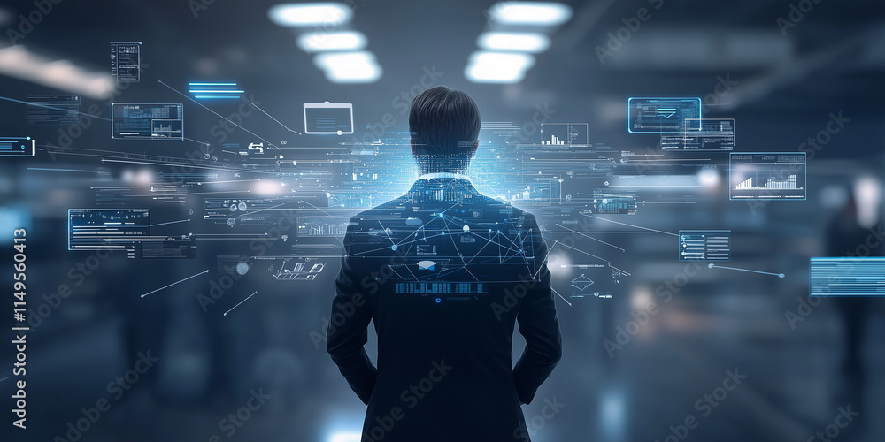 Poster businessman stands in futuristic office environment, surrounded by holographic digital interfaces displaying data and analytics, symbolizing innovation and technology driven decision making