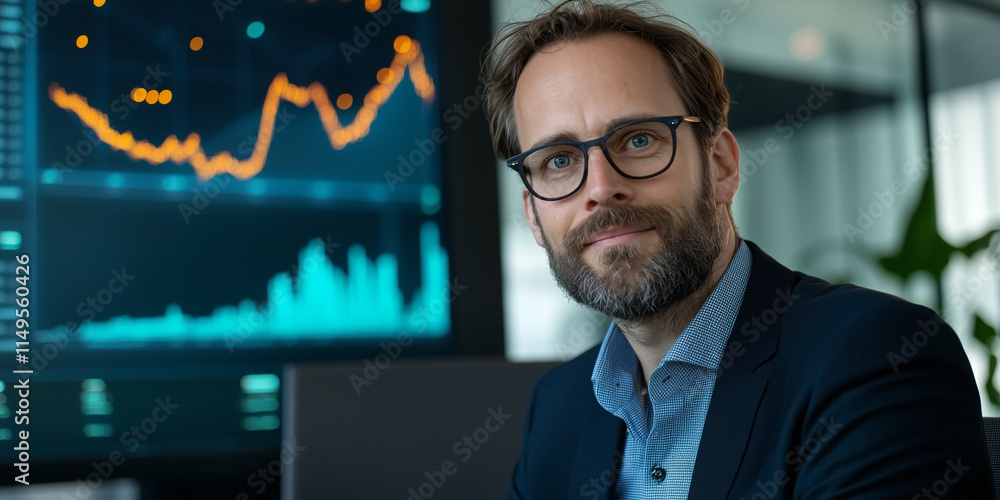 Poster confident professional in modern office setting, with financial data charts displayed on screen in b