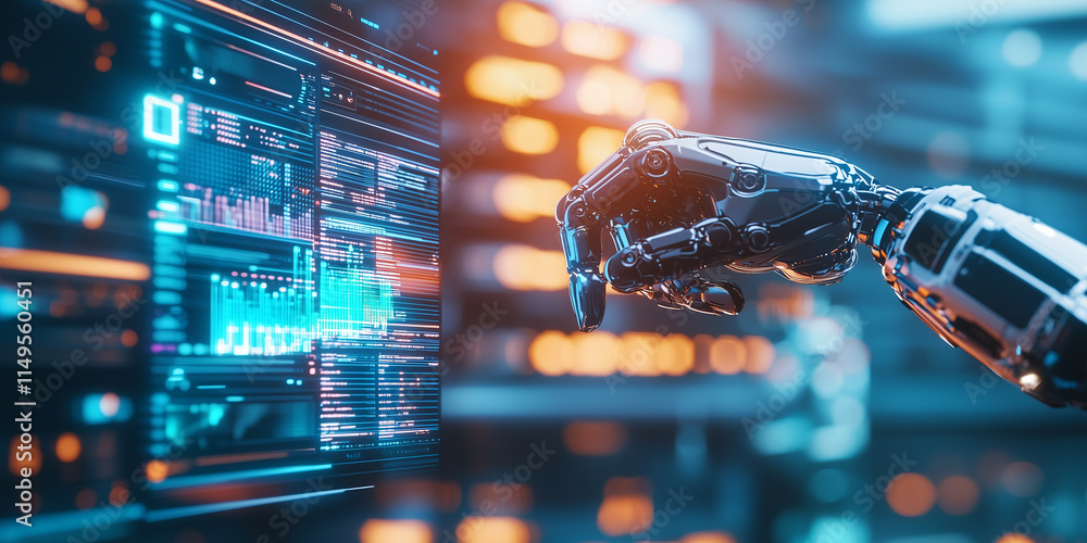 Leinwandbilder robotic arm interacts with glowing digital interface displaying data charts and analytics, symbolizing advanced technology and artificial intelligence in futuristic setting