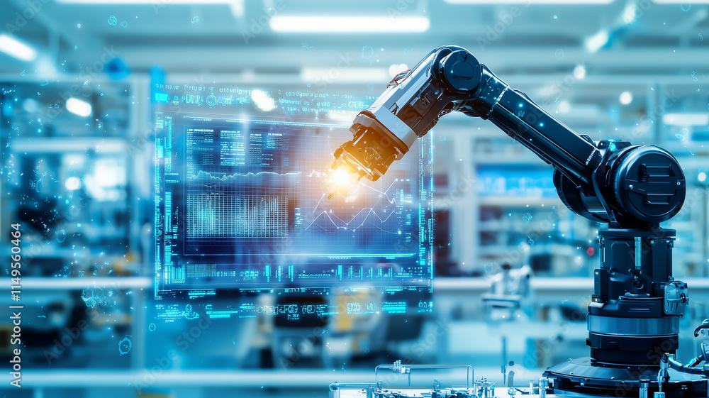 Poster robotic arm operates in high tech industrial environment, interacting with glowing digital interface displaying data and graphs, symbolizing advanced automation and innovation