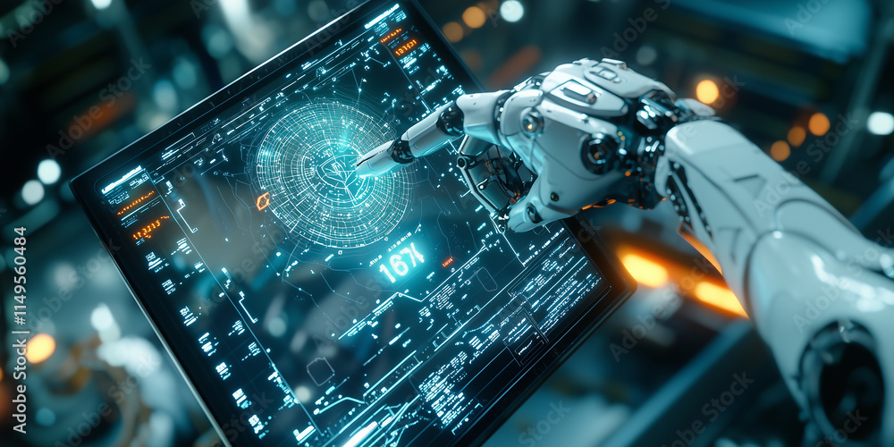 Poster robotic arm interacts with futuristic holographic interface, displaying intricate data and digital schematics in high tech environment