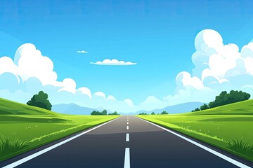 Vector illustration of a highway extending towards a sunny horizon
