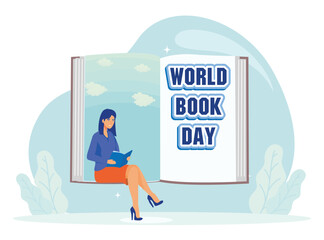 World Book Day. A girl reads a fantasy book against the background of a large book.