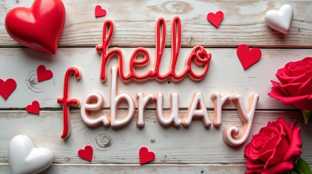 Valentine's Day decorations with the text &ldquo;Hello February&rdquo; written on a wooden background, with a color theme of red and white