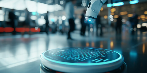 robotic arm interacts with glowing digital interface in futuristic public space, surrounded by blurred figures and modern lighting, showcasing advanced technology