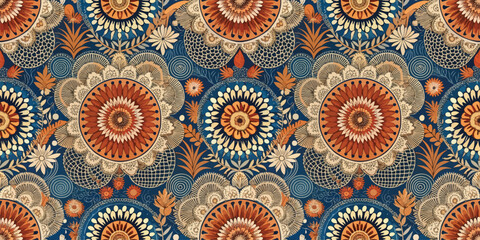 Intricate floral pattern featuring warm colors on a deep blue backdrop, creating a vibrant and harmonious design.