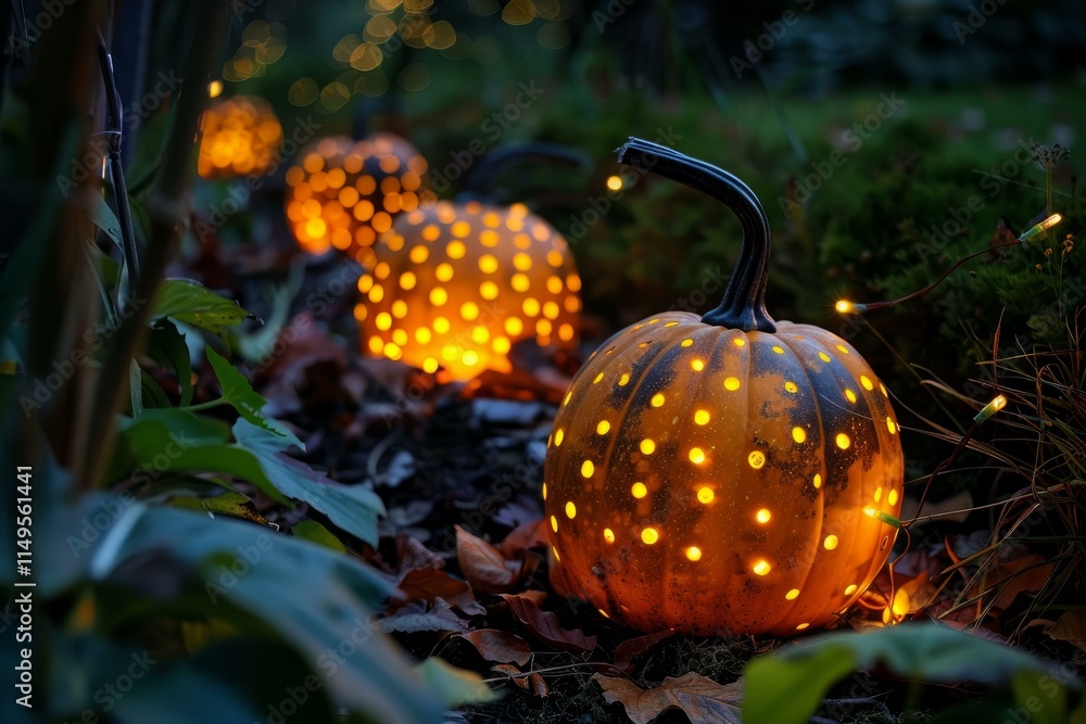 Poster pumpkins with intricate dotted patterns glowing warmly, lining a garden path at twilight, creating a