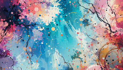 Obraz premium Abstract painting background showcasing a vibrant mix of colors including orange, pink, blue and yellow, creating a visually captivating texture with splatters and layers of paint.