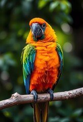 Obraz premium A colorful bird is perched on a branch with a green background