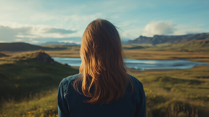 Fototapeta premium woman with flowing hair gazes at serene, expansive landscape featuring rolling hills, calm lake, and bright sky, evoking sense of peace and connection with nature