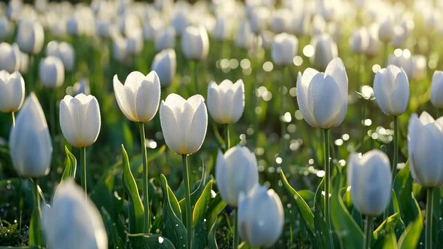 Bright white tulips blooming in a sunlit field with morning dew in a serene garden landscape