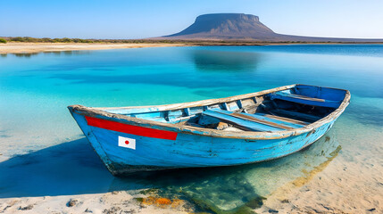 Naklejka premium Tranquil Blue Boat in Turquoise Water, Scenic Island Landscape Photo