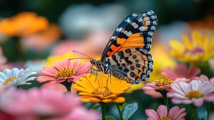 Obraz premium Colorful butterfly perched on vibrant flowers in a garden.
