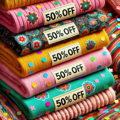 Colorful stacked sweaters with 50% discount tags and decorative patterns