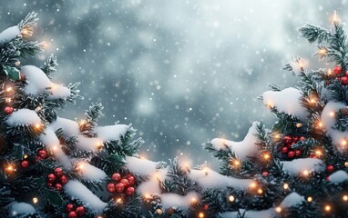 Winter Wonderland: Snowy Christmas Tree Branches with Festive Lights and Berries
