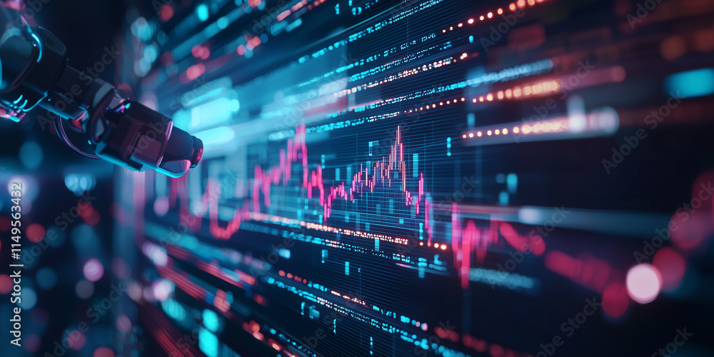 Poster robotic arm analyzing glowing holographic data charts in futuristic digital environment, showcasing advanced technology and artificial intelligence applications