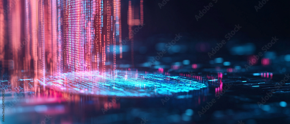 Poster glowing holographic interface with digital data streams and futuristic neon lights, showcasing advanced technology and innovation in dark, high tech environment