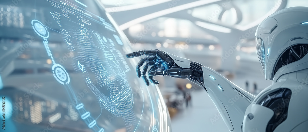 Poster futuristic robotic arm interacts with glowing holographic interface in modern, high tech environment