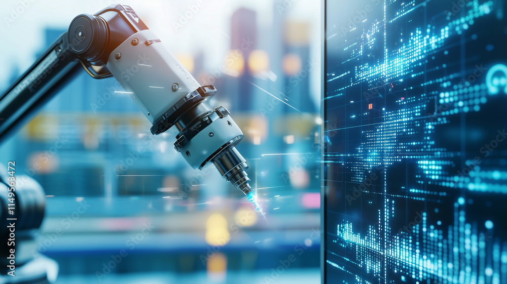 Poster robotic arm analyzing digital holographic interface in futuristic laboratory, showcasing advanced technology and innovation in data processing and automation