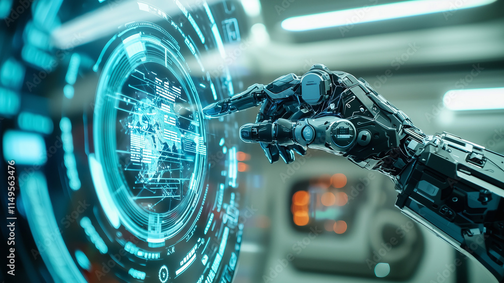Aufkleber robotic arm interacts with futuristic holographic interface in high tech laboratory, showcasing advanced technology and innovation in artificial intelligence and robotics