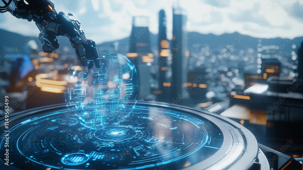 Poster futuristic robotic arm analyzing glowing holographic interface in high tech cityscape, showcasing ad